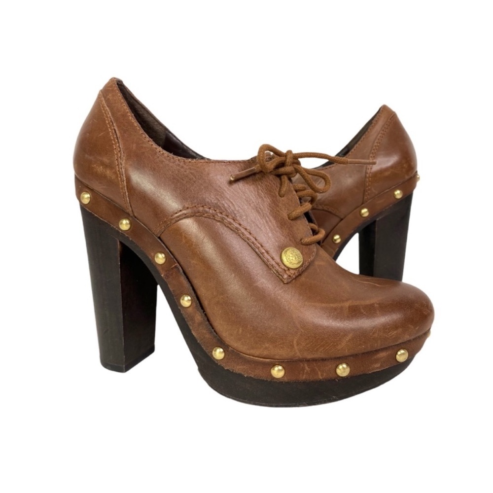 VINCE CAMUTO Canasta Clog Booties Brown Leather Studded Lace-Up Boho Hippie 5.5